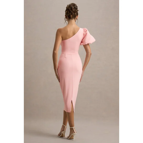 Aimee | Robe mi-longue rose à manches bouffantes asymétriques