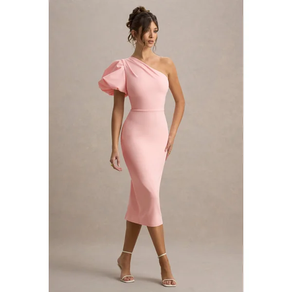 Aimee | Robe mi-longue rose à manches bouffantes asymétriques
