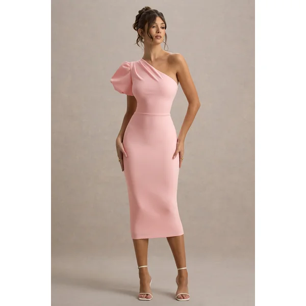 Aimee | Robe mi-longue rose à manches bouffantes asymétriques