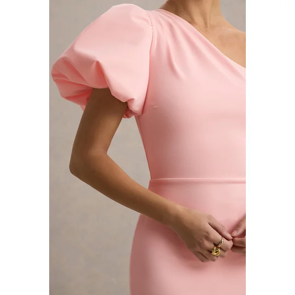 Aimee | Robe mi-longue rose à manches bouffantes asymétriques
