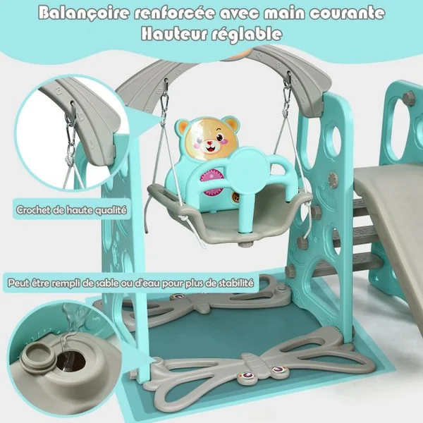 Aire de Jeux 3 en 1 pour Enfants de 1 à 6 Ans avec Toboggan Portique Balançoire Panier de Basket Escalade 142x176x111cm