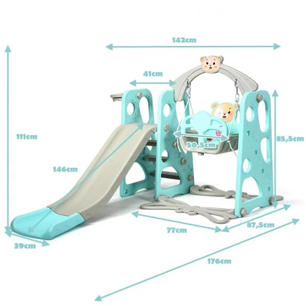 Aire de Jeux 3 en 1 pour Enfants de 1 à 6 Ans avec Toboggan Portique Balançoire Panier de Basket Escalade 142x176x111cm