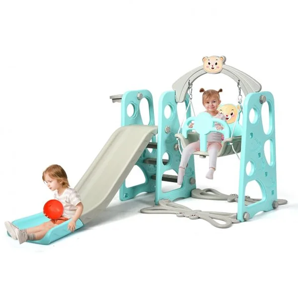 Aire de Jeux 3 en 1 pour Enfants de 1 à 6 Ans avec Toboggan Portique Balançoire Panier de Basket Escalade 142x176x111cm