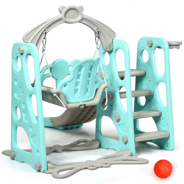 Aire de Jeux 3 en 1 pour Enfants de 1 à 6 Ans avec Toboggan Portique Balançoire Panier de Basket Escalade 142x176x111cm