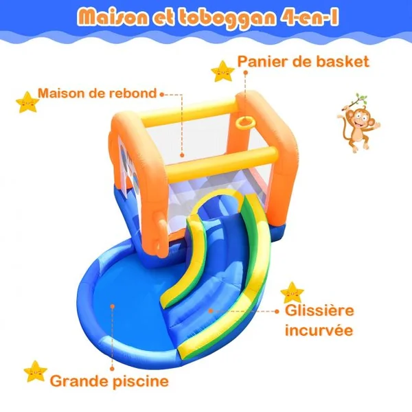 Aire de Jeux Gonflable avec Zone de Saut Mur en Maille 3x2x2M Charge 50KG Design de Singe