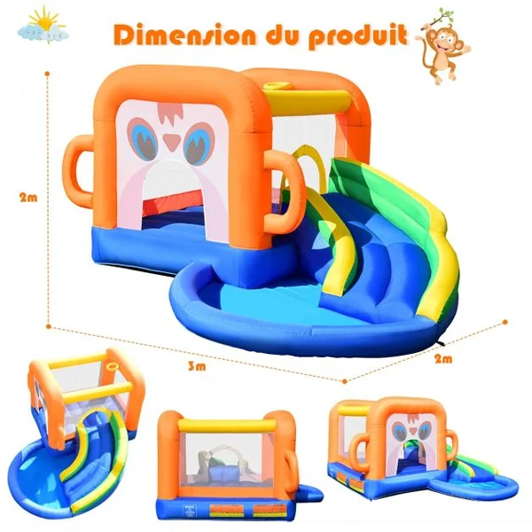 Aire de Jeux Gonflable avec Zone de Saut Mur en Maille 3x2x2M Charge 50KG Design de Singe