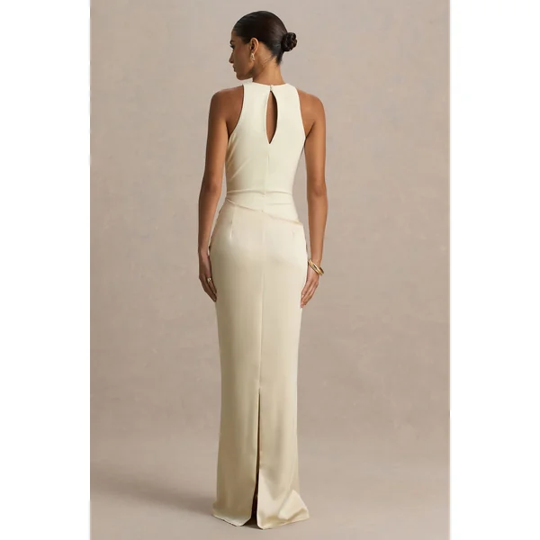 Akari | Robe longue crème à encolure ras-du-cou avec jupe en satin