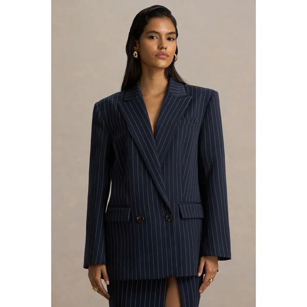 Alana | Blazer tailleur à fines rayures bleu marine avec décolleté plongeant