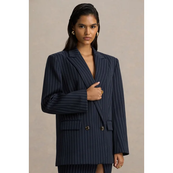Alana | Blazer tailleur à fines rayures bleu marine avec décolleté plongeant