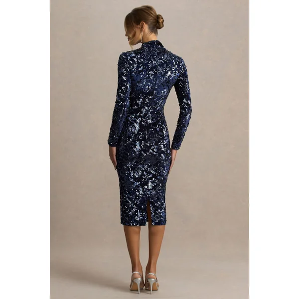 Alanita | Robe mi-longue bleu marine en velours et sequins à col montant et manches longues