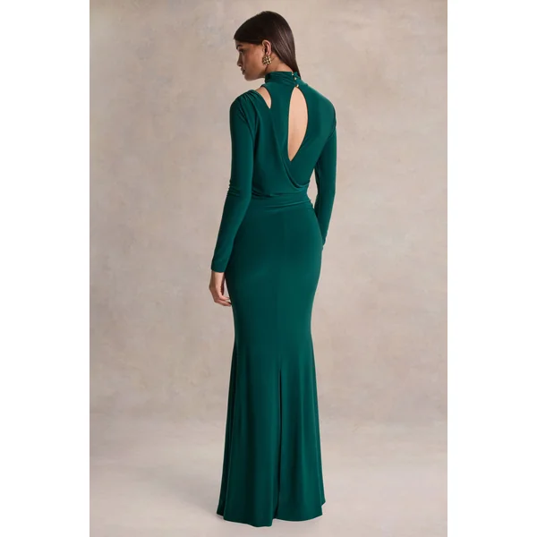 Alastrina | Robe longue à col montant vert foncé avec détails froncés