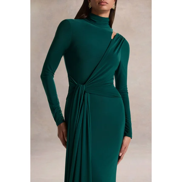 Alastrina | Robe longue à col montant vert foncé avec détails froncés