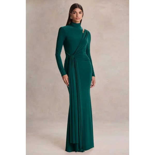 Alastrina | Robe longue à col montant vert foncé avec détails froncés