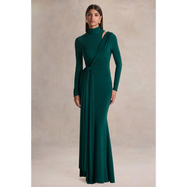 Alastrina | Robe longue à col montant vert foncé avec détails froncés