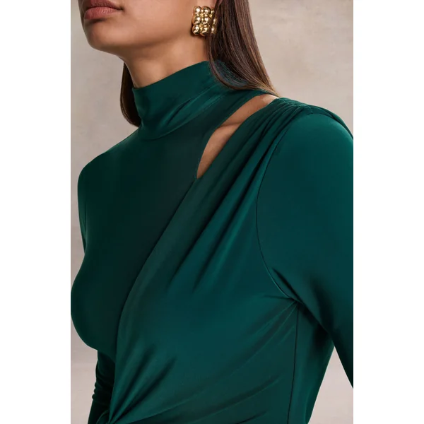 Alastrina | Robe longue à col montant vert foncé avec détails froncés