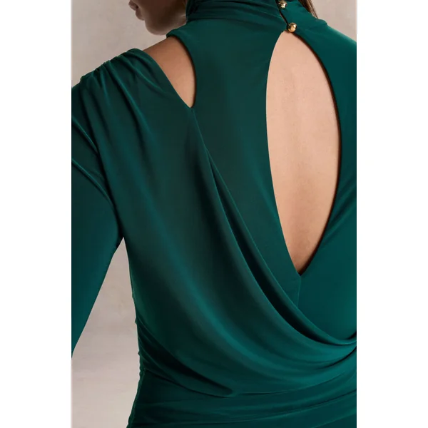 Alastrina | Robe longue à col montant vert foncé avec détails froncés