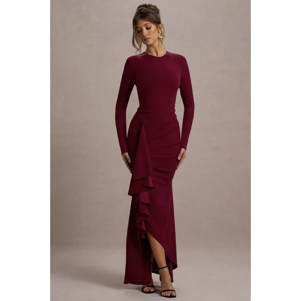 Alayna | Robe Longue à Manches Longues Rouge Cerise avec Fente Volantée