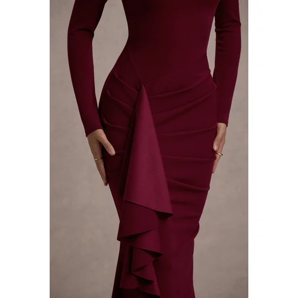 Alayna | Robe Longue à Manches Longues Rouge Cerise avec Fente Volantée