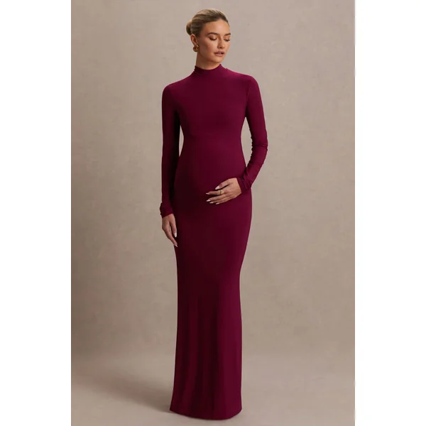 Alejandra | Robe longue de maternité bordeaux à manches longues et col montant