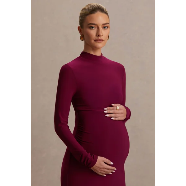 Alejandra | Robe longue de maternité bordeaux à manches longues et col montant