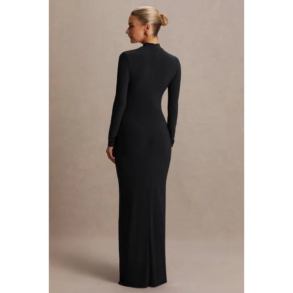 Alejandra | Robe longue de maternité noire à manches longues et col montant