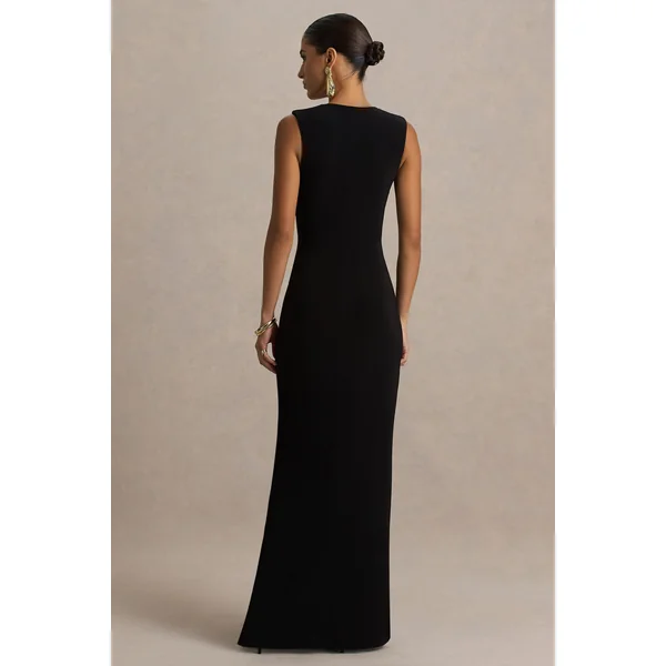 Alena | Robe longue noire à décolleté plongeant extrême avec détail doré