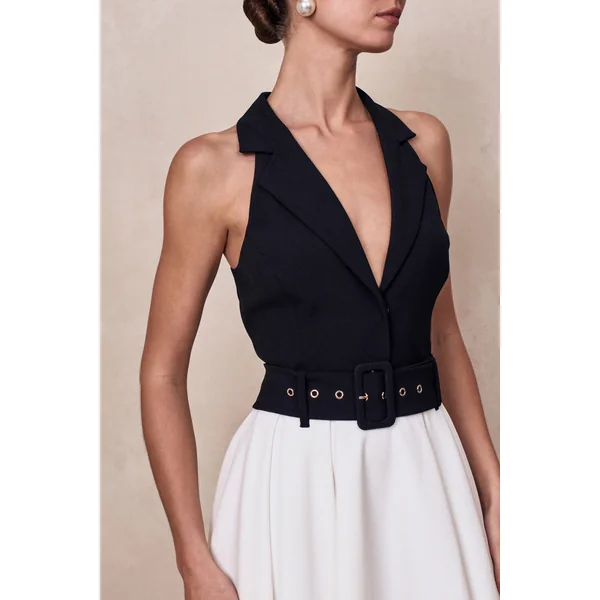 Alessa | Robe mi-longue noire et blanche à encolure plongeante et coupe tailleur
