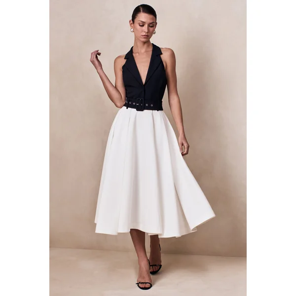 Alessa | Robe mi-longue noire et blanche à encolure plongeante et coupe tailleur