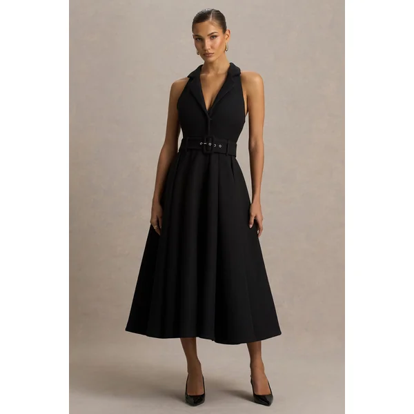 Alessa | Robe mi-longue noire à coupe tailleur et décolleté plongeant