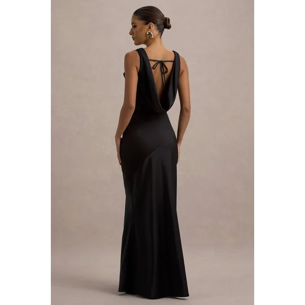Alesso | Robe longue en satin noir à décolleté bénitier