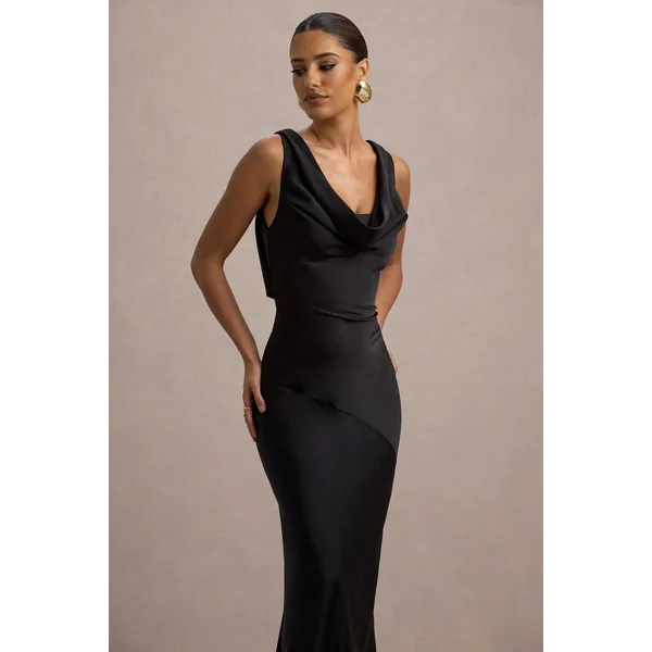 Alesso | Robe longue en satin noir à décolleté bénitier