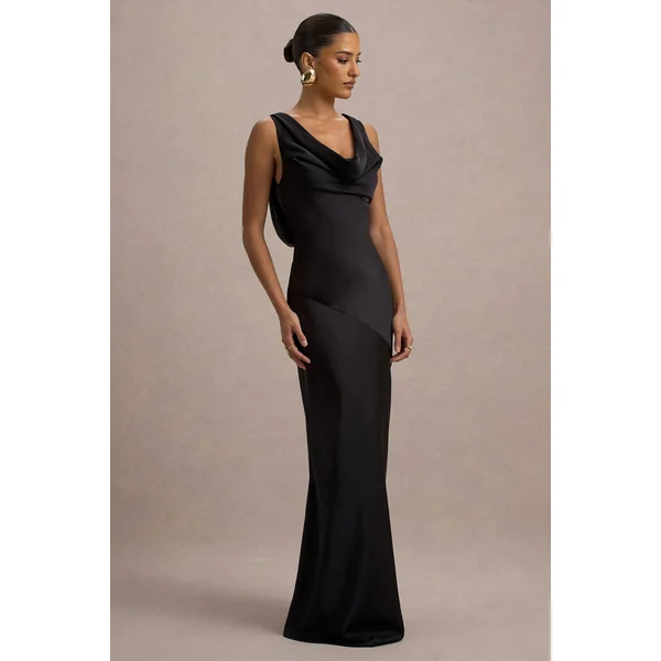 Alesso | Robe longue en satin noir à décolleté bénitier