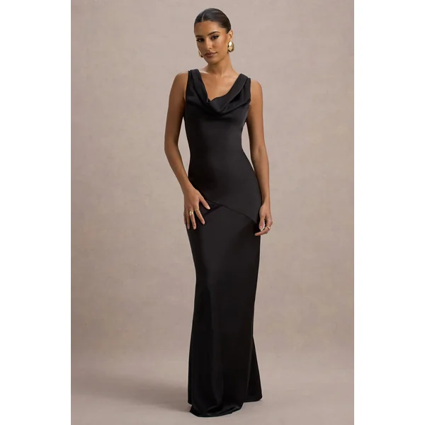 Alesso | Robe longue en satin noir à décolleté bénitier