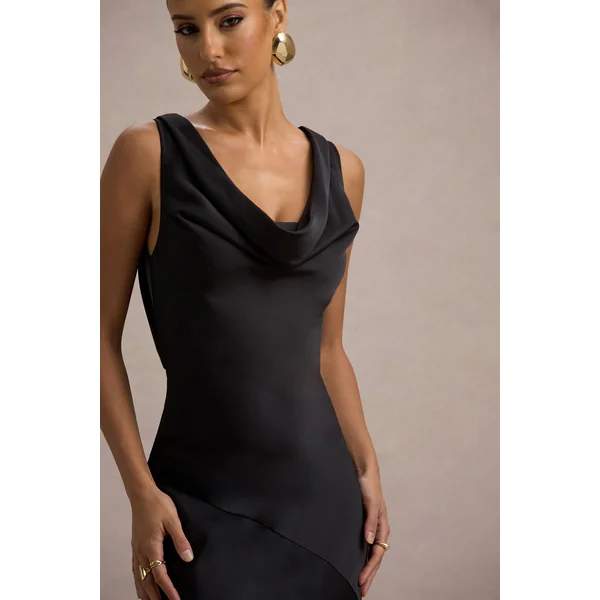 Alesso | Robe longue en satin noir à décolleté bénitier