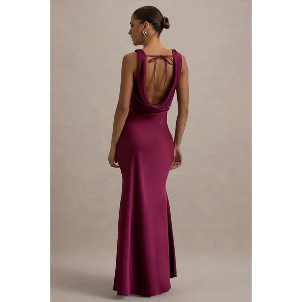 Alesso | Robe longue en satin rouge bordeaux à décolleté bénitier