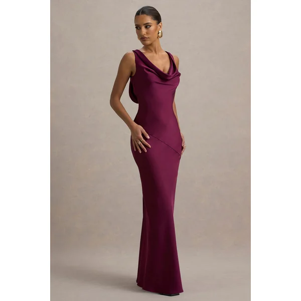 Alesso | Robe longue en satin rouge bordeaux à décolleté bénitier