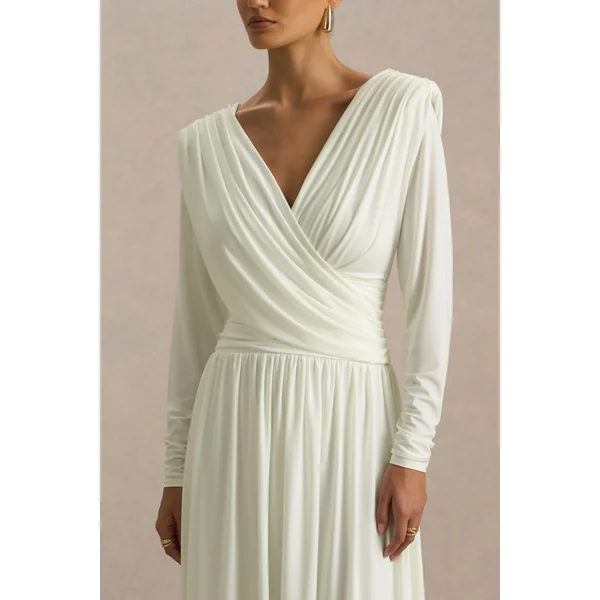 Alexis | Robe mi-longue blanche à décolleté plongeant avec drapés et détails froncés