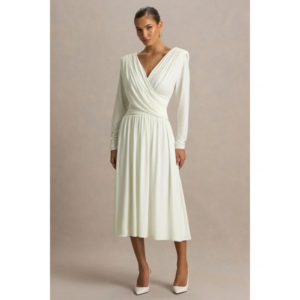Alexis | Robe mi-longue blanche à décolleté plongeant avec drapés et détails froncés