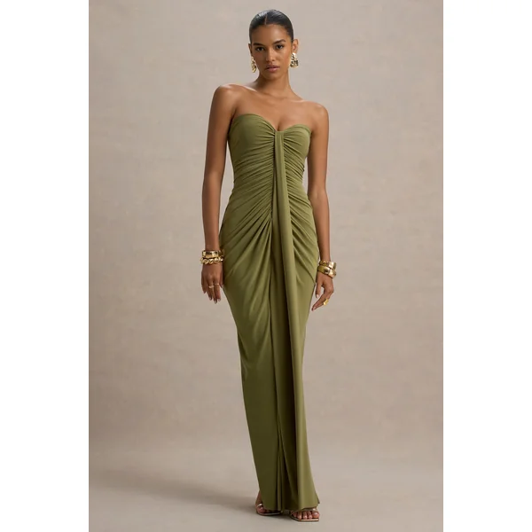 Ali | Robe longue cache-cœur olive à décolleté cœur et détails froncés