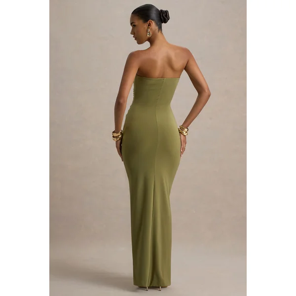 Ali | Robe longue cache-cœur olive à décolleté cœur et détails froncés