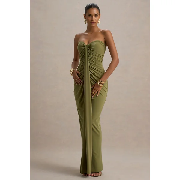 Ali | Robe longue cache-cœur olive à décolleté cœur et détails froncés