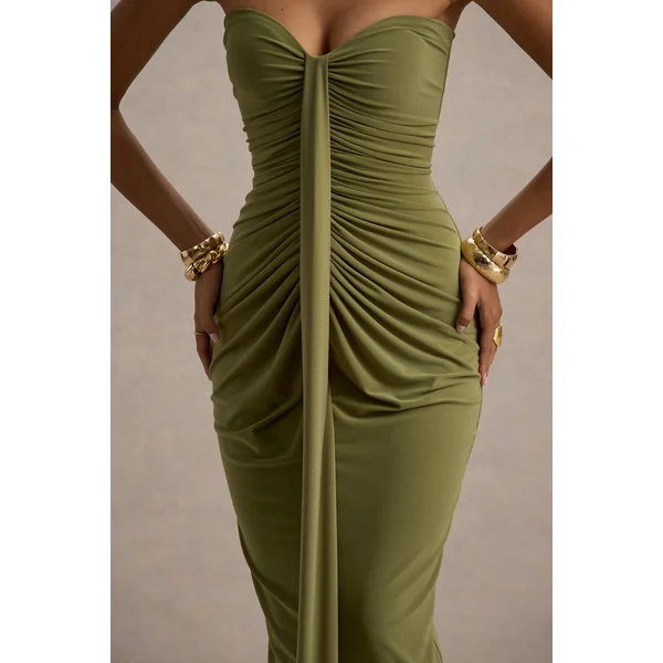 Ali | Robe longue cache-cœur olive à décolleté cœur et détails froncés