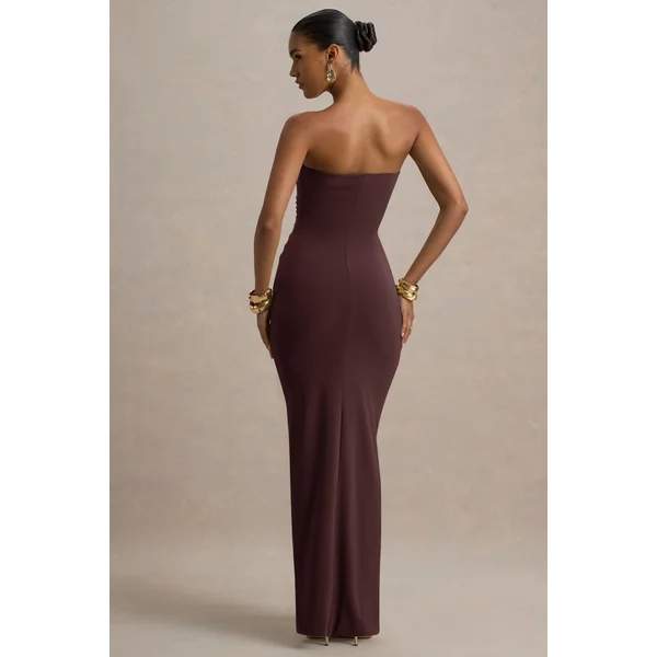 Ali | Robe Longue Marron à Encolure Cœur Froncée et Drapée