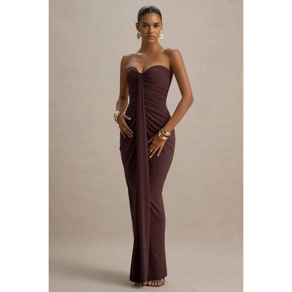 Ali | Robe Longue Marron à Encolure Cœur Froncée et Drapée