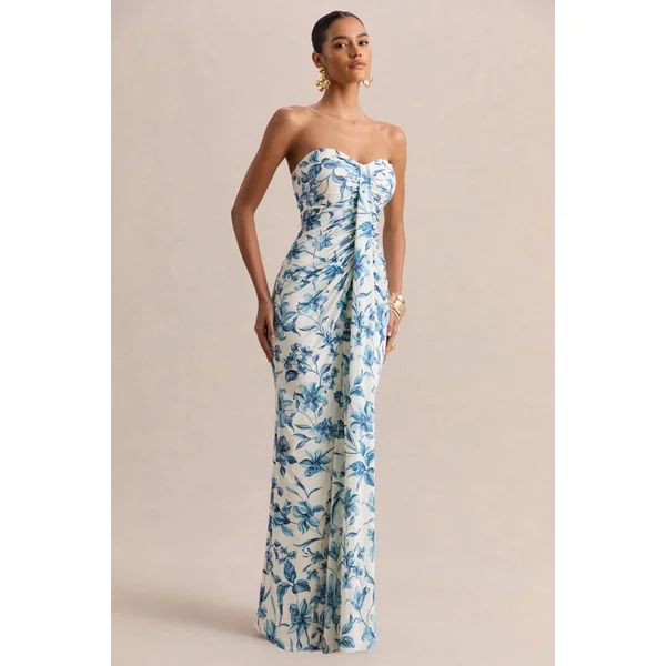 Ali | Robe longue portefeuille froncée à encolure cœur et imprimé porcelaine bleu