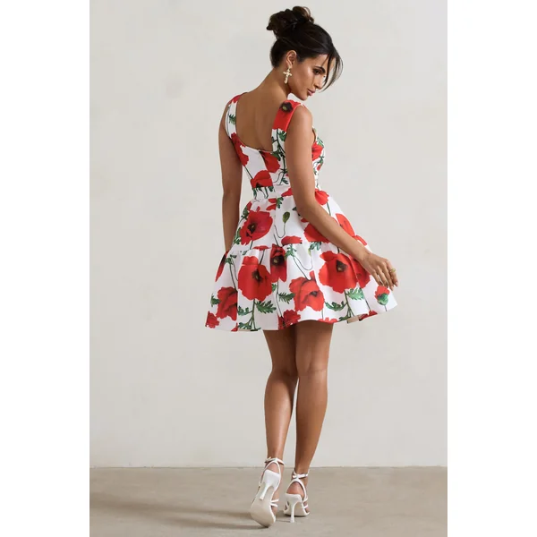 Alia | Mini-robe à imprimé coquelicot décolleté arrondi avec ourlet à volants volumineux