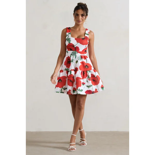 Alia | Mini-robe à imprimé coquelicot décolleté arrondi avec ourlet à volants volumineux