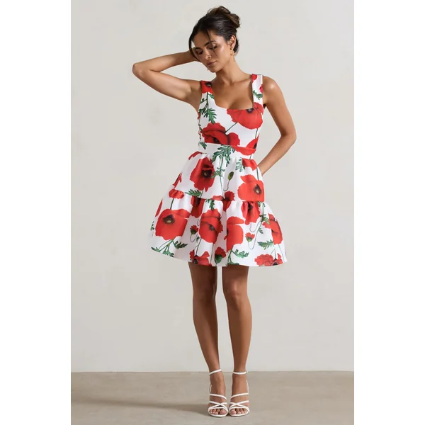 Alia | Mini-robe à imprimé coquelicot décolleté arrondi avec ourlet à volants volumineux