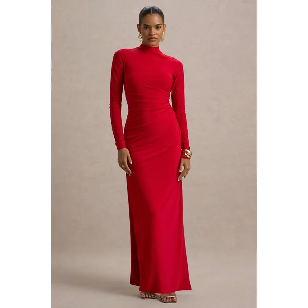 Alluring | Robe longue rouge à col montant avec détails froncés