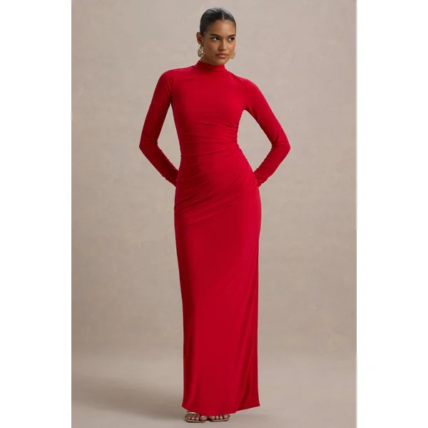 Alluring | Robe longue rouge à col montant avec détails froncés